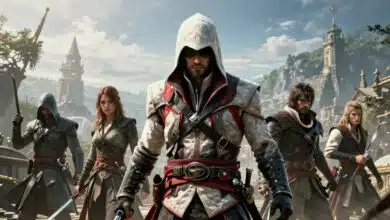 Cena icônica da franquia Assassin’s Creed com protagonistas famosos das diferentes eras históricas