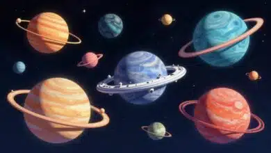 Arte vibrante de uma nave espacial viajando por diferentes planetas e galáxias, ilustrando exploração espacial