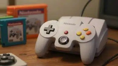 Controle clássico de Nintendo 64 ao lado de cartuchos coloridos em ambiente retrô com luz suave.