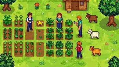 Capa ilustrando personagens jogando Stardew Valley em celulares em uma fazenda pixelada, clima descontraído e colorido, elementos de colheitas e animais