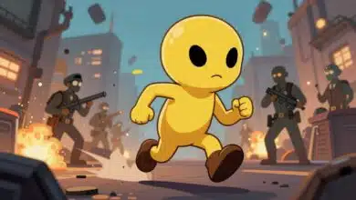 Um alienígena amarelo pequeno correndo em meio ao caos de uma cidade, com explosões e agentes secretos ao redor, inspirado no estilo visual de Alien Hominid