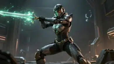 Um Warframe futurista, como o Excalibur, em uma pose de combate dinâmica, com sua espada de energia brilhando em um cenário de ficção científica.
