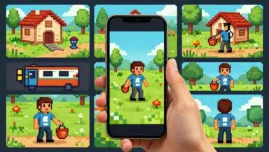 Uma colagem vibrante de vários jogos mobile com estilo pixel art, mostrando cenas de ação, exploração e fazendas, com um smartphone no centro exibindo um dos jogos.