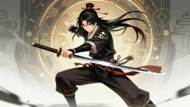 O protagonista de Nine Sols, Yi, em uma pose de combate com sua katana, com um fundo estilizado que mistura elementos de ficção científica e mitologia asiática.