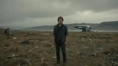 Sam Porter Bridges, mais velho, olhando para uma paisagem desolada e futurista com uma nave flutuante ao fundo, em uma cena de Death Stranding 2: On the Beach.