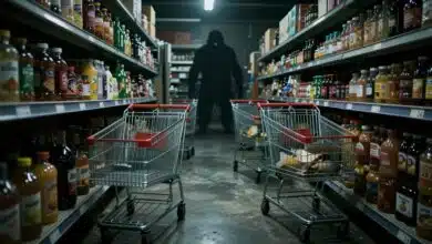 A dimly lit, terrifying supermarket aisle with flickering lights, overturned shopping carts, and a monstrous shadow lurking in the background, evoking a survival horror game.
