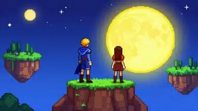 Uma vibrante e detalhada arte em pixel de dois heróis, um com poder do sol e outro da lua, em pé sobre um penhasco com vista para um mundo de fantasia com ilhas flutuantes e um céu estrelado, no estilo do jogo Sea of Stars.