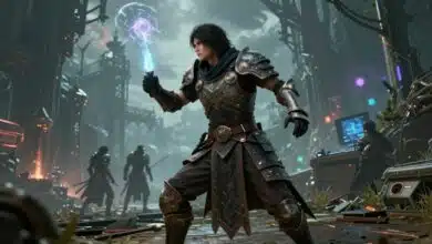 Um guerreiro em armadura futurista de fantasia em um cenário épico de RPG de ação, refletindo um mundo virtual vibrante de Echoes of Aincrad.