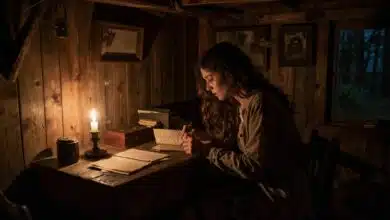 Uma atmosfera sombria dentro de uma cabana de madeira iluminada apenas por uma vela, com cartas antigas e estranhas espalhadas sobre uma mesa rústica, evocando um sentimento de mistério e terror psicológico.