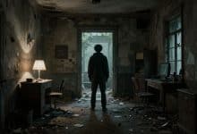Cena misteriosa de Photomaly com um ambiente abandonado, fotografias enigmáticas, anomalias visuais e iluminação sombria