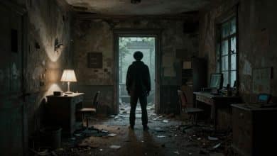 Cena misteriosa de Photomaly com um ambiente abandonado, fotografias enigmáticas, anomalias visuais e iluminação sombria