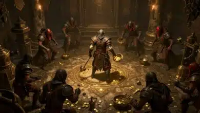 Guerreiro de Diablo 4 coletando ouro em uma masmorra sombria, cercado por inimigos derrotados e equipamentos lendários