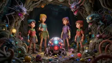 Quatro anões espaciais de Deep Rock Galactic explorando uma caverna alienígena iluminada, cercados por minerais brilhantes e criaturas hostis.