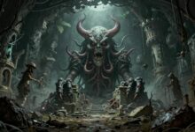 The Mound: Omen of Cthulhu em uma paisagem subterrânea sombria, com ruínas antigas, névoa e uma presença monstruosa inspirada no horror cósmico