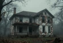 Casa abandonada e sombria cercada por névoa, com pistas misteriosas e atmosfera de terror psicológico para Hidden Memories