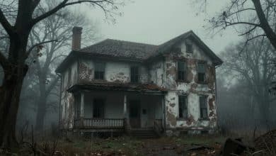 Casa abandonada e sombria cercada por névoa, com pistas misteriosas e atmosfera de terror psicológico para Hidden Memories