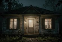 Casa abandonada e sombria de Nowhere House, com janelas iluminadas, neblina e uma atmosfera de terror e mistério
