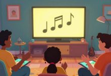 Grupo de amigos jogando minijogos musicais absurdos em uma sala colorida, com personagens excêntricos, notas musicais e movimentos sincronizados na tela