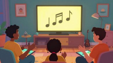 Grupo de amigos jogando minijogos musicais absurdos em uma sala colorida, com personagens excêntricos, notas musicais e movimentos sincronizados na tela