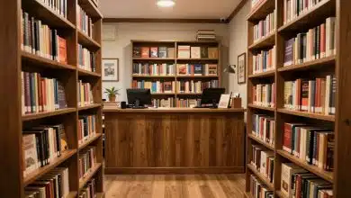 Interior aconchegante de uma livraria virtual em um jogo de simulação, com estantes repletas de livros, balcão de atendimento e decoração acolhedora