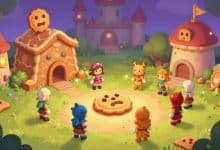 CookieRun: Kingdom com uma cidade mágica de biscoitos de gengibre, Cookies heróis reunidos diante de um castelo e elementos de RPG estratégico
