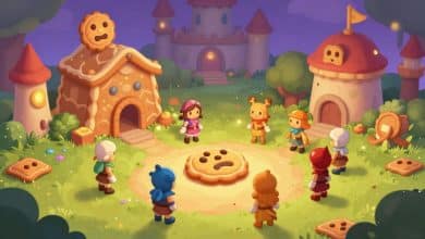 CookieRun: Kingdom com uma cidade mágica de biscoitos de gengibre, Cookies heróis reunidos diante de um castelo e elementos de RPG estratégico