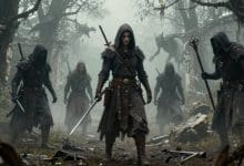 Arte sombria de Mistfall Hunter com caçadores armados explorando ruínas medievais cobertas por névoa e criaturas ao fundo
