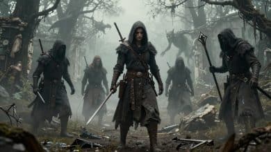 Arte sombria de Mistfall Hunter com caçadores armados explorando ruínas medievais cobertas por névoa e criaturas ao fundo