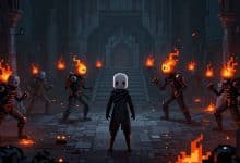 Cena de ação em Dead Cells com o protagonista enfrentando inimigos em um castelo sombrio, cercado por efeitos de fogo e pixel art detalhada.