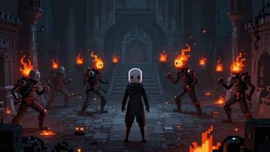 Cena de ação em Dead Cells com o protagonista enfrentando inimigos em um castelo sombrio, cercado por efeitos de fogo e pixel art detalhada.