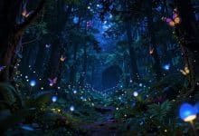 Cena noturna encantadora de Flutter: Starlight com uma floresta iluminada por vagalumes, mariposas coloridas e um habitat mágico ao fundo.