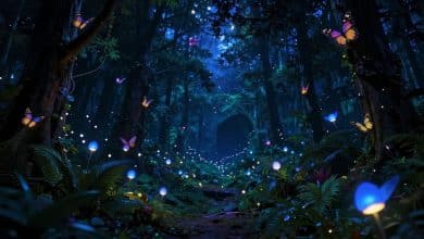 Cena noturna encantadora de Flutter: Starlight com uma floresta iluminada por vagalumes, mariposas coloridas e um habitat mágico ao fundo.