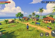 Ilha tropical vibrante de Spirit of the Island com plantações, casas, personagens e áreas de exploração em um cenário ensolarado de jogo mobile