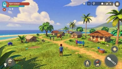 Ilha tropical vibrante de Spirit of the Island com plantações, casas, personagens e áreas de exploração em um cenário ensolarado de jogo mobile