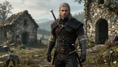 Geralt de Rívia explorando uma paisagem medieval sombria de The Witcher 3, com espada, sinais mágicos e ruínas ao fundo