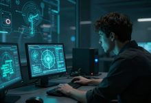 Cena de terror tecnológico em uma instalação escura, com uma inteligência artificial representada por uma interface luminosa e um jogador explorando o ambiente com cautela.