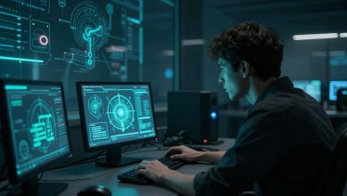 Cena de terror tecnológico em uma instalação escura, com uma inteligência artificial representada por uma interface luminosa e um jogador explorando o ambiente com cautela.