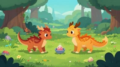 Dragões mágicos chocando ovos e restaurando uma floresta colorida em um jogo de fusão e gerenciamento