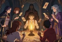 Arte de capa de Morimens com personagens sombrios, cartas mágicas e uma batalha estratégica em um universo fantástico