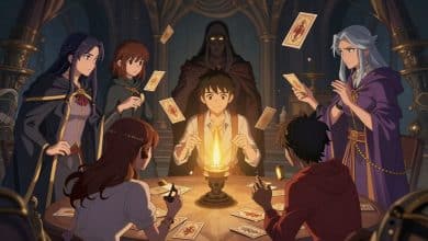 Arte de capa de Morimens com personagens sombrios, cartas mágicas e uma batalha estratégica em um universo fantástico