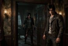 Arte de capa inspirada em Resident Evil: um corredor sombrio de mansão com portas antigas, iluminação dramática e uma silhueta ameaçadora ao fundo, evocando o survival horror da franquia.