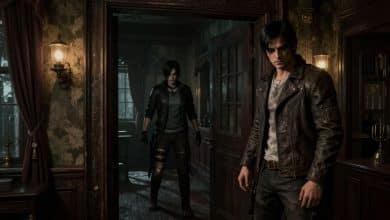 Arte de capa inspirada em Resident Evil: um corredor sombrio de mansão com portas antigas, iluminação dramática e uma silhueta ameaçadora ao fundo, evocando o survival horror da franquia.