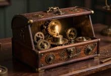 Uma caixa mecânica antiga e ornamentada, aberta sobre uma mesa escura, com engrenagens, símbolos secretos e uma lente revelando pistas ocultas, em uma atmosfera misteriosa inspirada no jogo The Room.