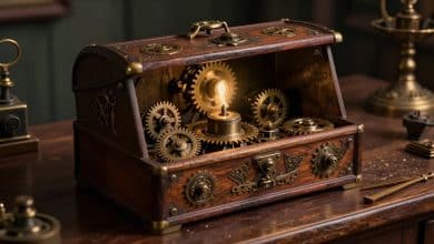 Uma caixa mecânica antiga e ornamentada, aberta sobre uma mesa escura, com engrenagens, símbolos secretos e uma lente revelando pistas ocultas, em uma atmosfera misteriosa inspirada no jogo The Room.