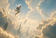 Viajante de Sky: Filhos da Luz voando entre nuvens douradas sobre um reino celeste, acompanhado por outros jogadores sob uma luz suave e contemplativa.