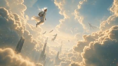 Viajante de Sky: Filhos da Luz voando entre nuvens douradas sobre um reino celeste, acompanhado por outros jogadores sob uma luz suave e contemplativa.