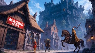 Vila de fantasia de Dungeon Village 2 com lojas, aventureiros equipados e uma masmorra ao fundo