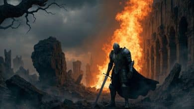 Um guerreiro solitário em armadura medieval diante de uma fogueira, cercado pelas ruínas sombrias de um reino antigo em estilo de fantasia sombria.