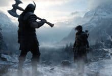 Kratos e Atreus diante de uma paisagem nórdica envolta em névoa, com o machado Leviatã e as Lâminas do Caos, em uma cena épica de aventura inspirada na franquia God of War