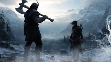 Kratos e Atreus diante de uma paisagem nórdica envolta em névoa, com o machado Leviatã e as Lâminas do Caos, em uma cena épica de aventura inspirada na franquia God of War